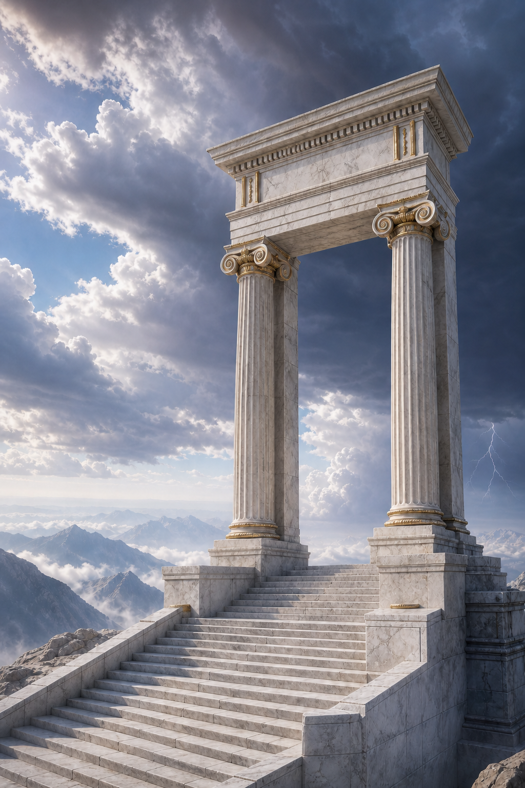 Original editorial illustration of a pale marble gateway above a mountain range beneath a gathering storm